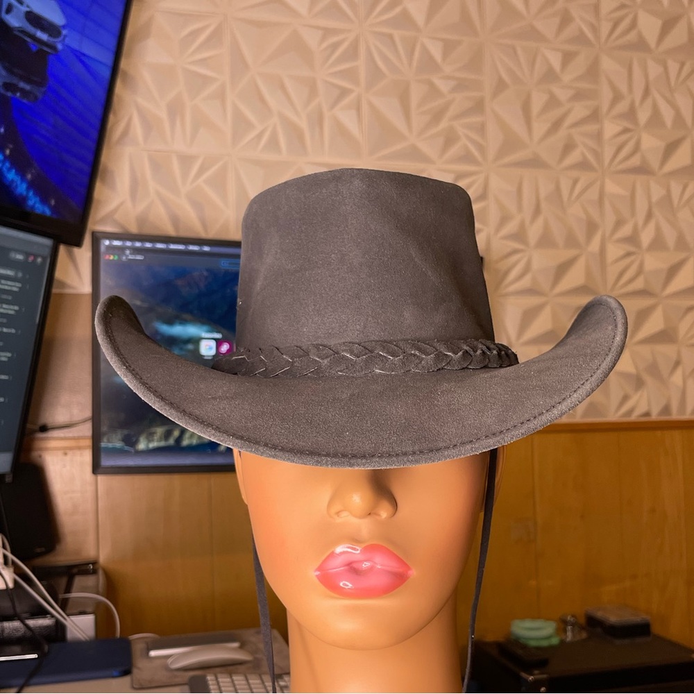 Western Aussie Style Crazy Horse Leather Cowboy Hat Charcoal - Picture 1 of 7